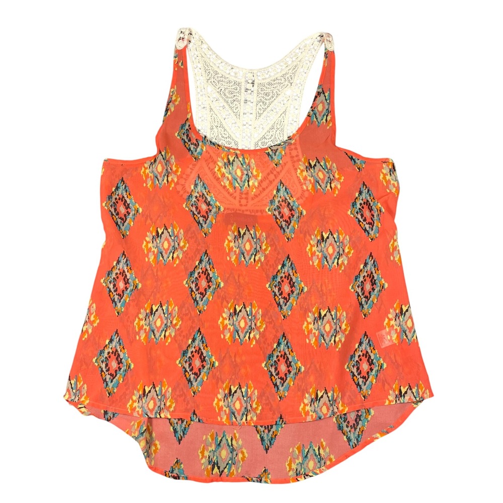 Annabella Tank Top Women's M Orange Geometric Print Lace Back Bohemian Sheer